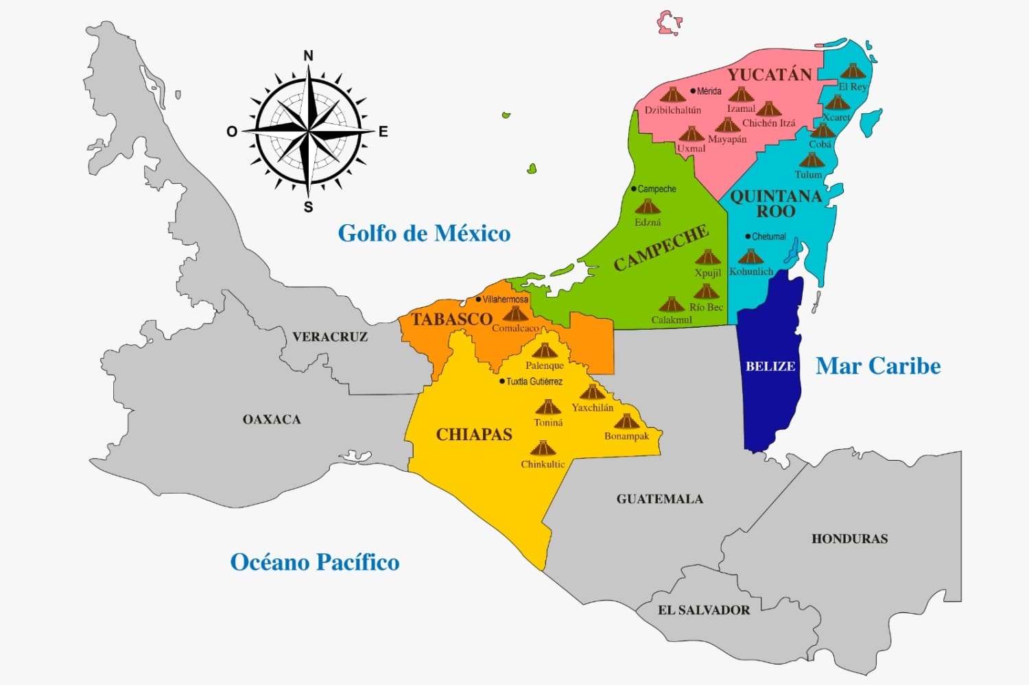 Mapa de por el Mundo Maya Yucatán, Quintana Roo, Campeche, Tabasco y Chiapas