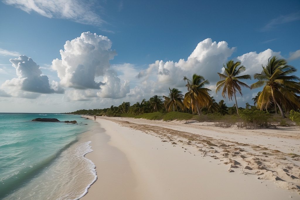 Playa paradisíaca en Isla del Carmen, Campeche, con arena blanca, aguas turquesas y palmeras bajo un cielo despejado.
