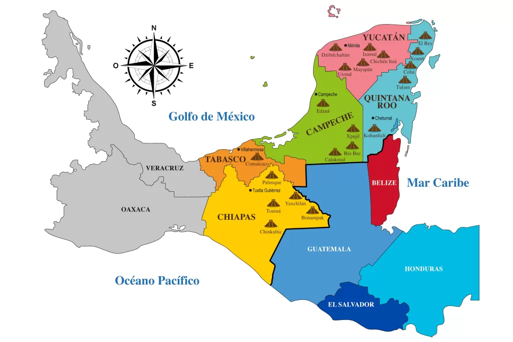 Mapa de por el Mundo Maya Yucatán, Quintana Roo, Campeche, Tabasco, Chiapas, Belize, Guatemala, Honduras, El Salvador